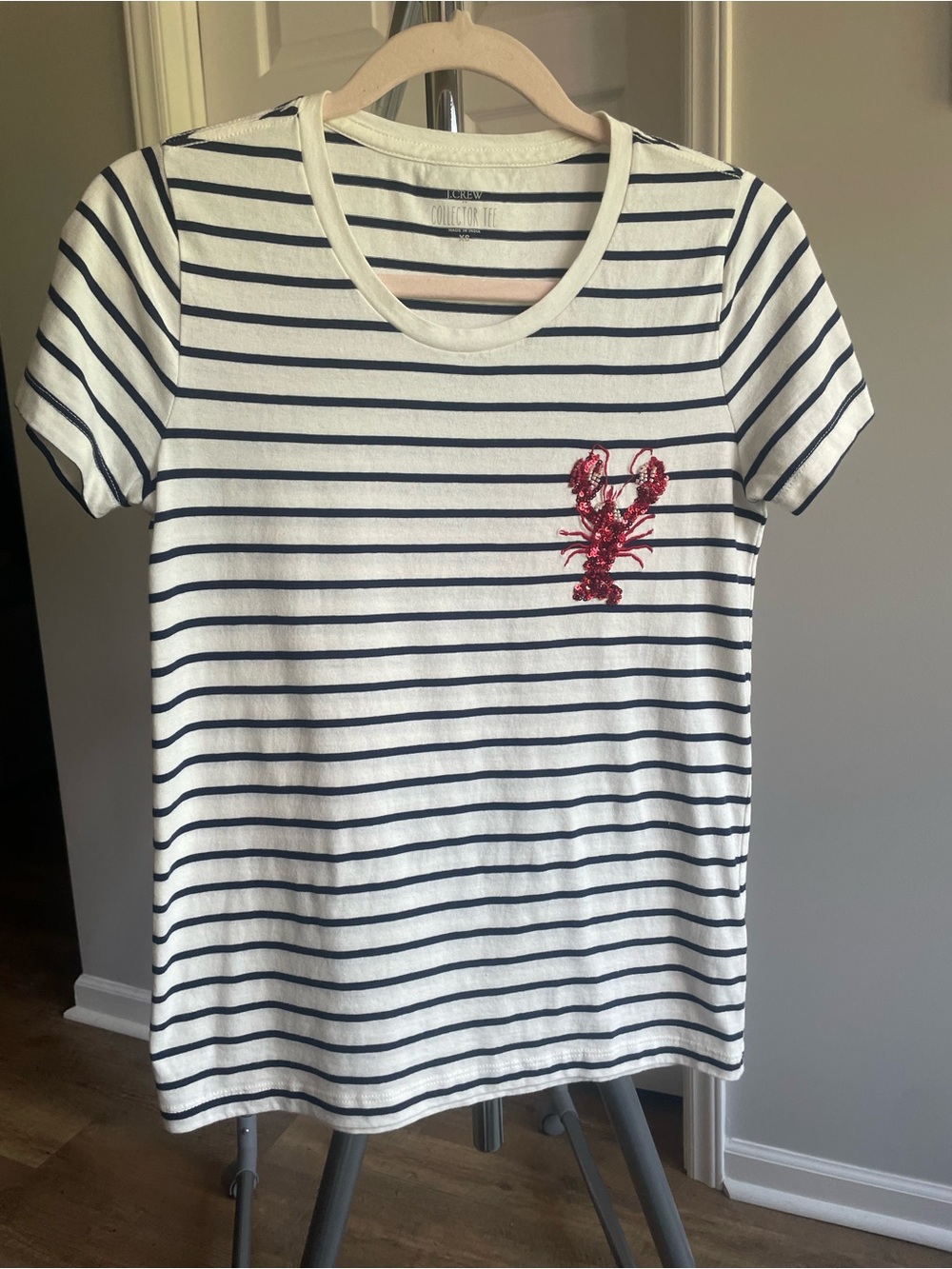 J. Crew White Tee with Navy Stripes and Lobster Accent